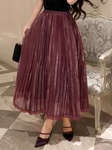 DAZY Women's Elastic Waist Elegant Lace Patchwork Pleated Maxi Skirt - Burgundy - View 3