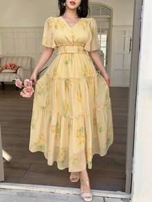 DAZY 女士V领短袖蛋糕印花休闲优雅连衣裙 - 鵝黃色 - 查看 4