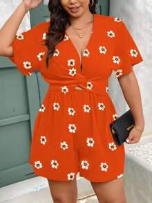 EMERY ROSE Plus Size Women Floral Print V-Neck Drawstring Waist A-Line Short Sleeve Casual Elegant Shorts, Spring/Summer Women's Floral Romper Orange Floral Romper Plus Size Romper Orange Romper - Burnt Orange - View 4