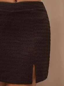 SHEIN BAE Women's Casual Brown Knitted Plain Mini Skirt With Split Detail - Brown - View 6