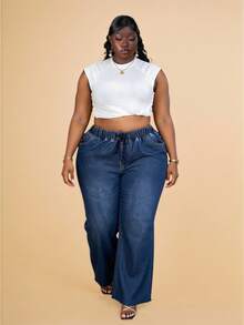 CurvyTilda Plus Drawstring Waist Wide Leg Jeans - Dark Wash - View 4