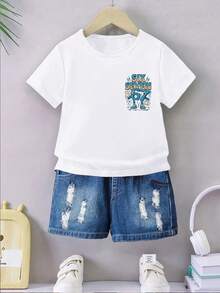 SHEIN Áo thun ngắn tay màu trắng dành cho bé trai tuổi teen, phong cách thường ngày, thoải mái, tối giản, đa năng, sáng tạo, ngộ nghĩnh với chữ "67" hình tia sét, in hình chữ cái, dễ phối đồ, có mặt sau in hình. - trắng - Xem 3