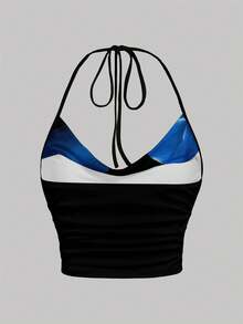 SHEIN EZwear Áo croptop đơn giản, thanh lịch, buộc dây phía trước, màu đen, họa tiết hoa lan, thích hợp cho kỳ nghỉ, đi biển, đám cưới, sinh nhật, dã ngoại, tiệc tùng, phong cách sang trọng. - Nhiều màu - Xem 5