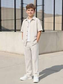 Vacaura 2pcs/Set Teenage Boys' Summer Casual Short Sleeve Polo Shirt And Straight Leg Pants Outfit - Beige - View 1