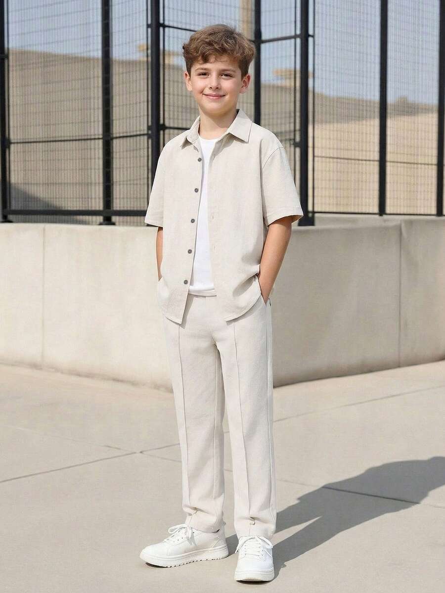 Vacaura 2pcs/Set Teenage Boys' Summer Casual Short Sleeve Polo Shirt And Straight Leg Pants Outfit - Beige - View 1