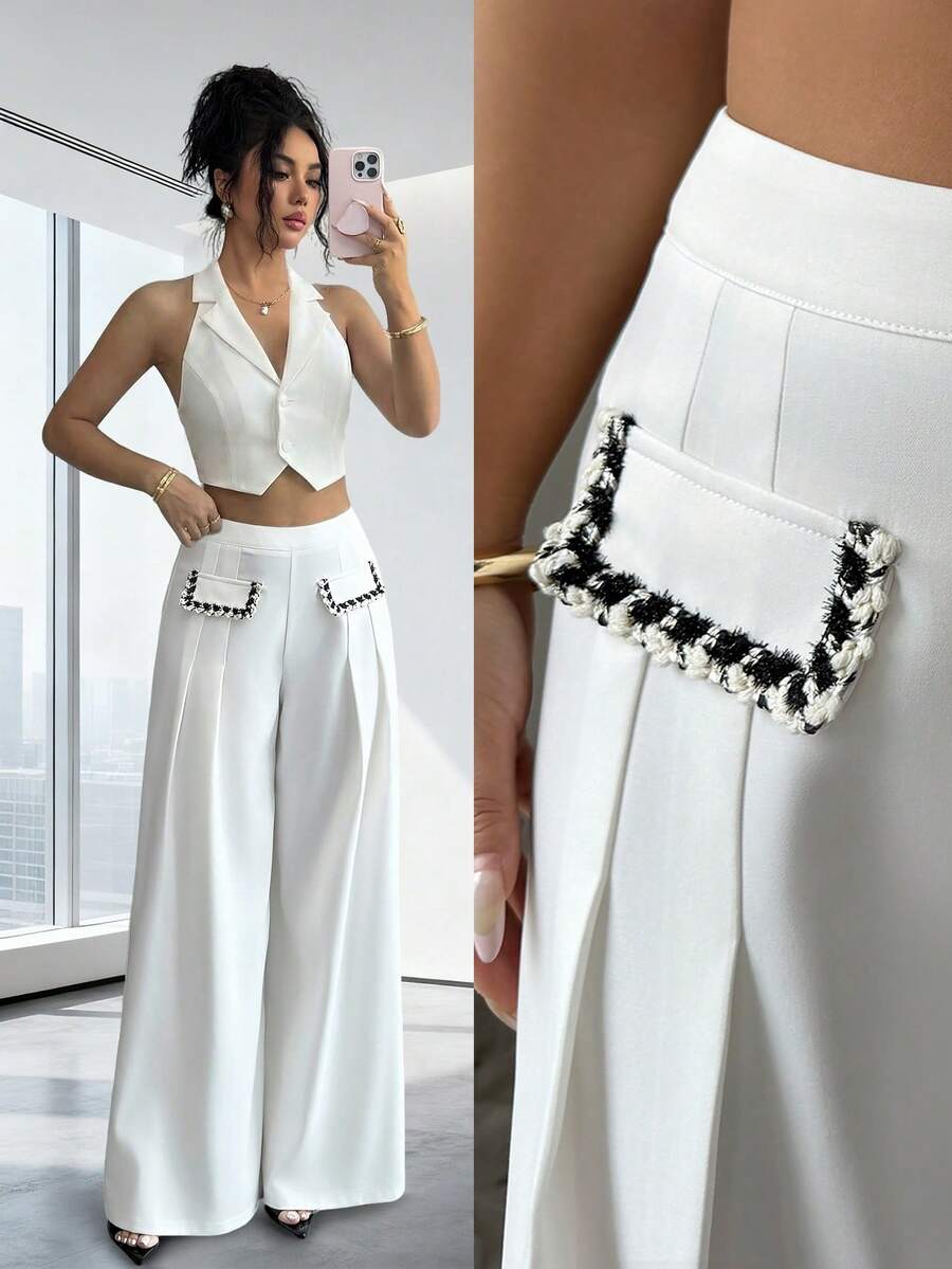 Elenzga Quần ống rộng màu trắng trơn dành cho nữ, phối cùng dải ruy băng màu tương phản, kiểu dáng thanh lịch và chuyên nghiệp, phù hợp cho công sở, các cuộc họp, giáo viên, học sinh, mặc hàng ngày, lễ hội, mùa xuân và mùa hè. - trắng - Xem 1