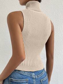 SHEIN Unity Women's Solid Color Turtleneck Fitted Versatile Knit Top - Apricot - View 2