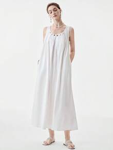 Aalyst Women's Solid Color Round Neck Beaded Pleated Casual Vacation Date Dress - White - View 3