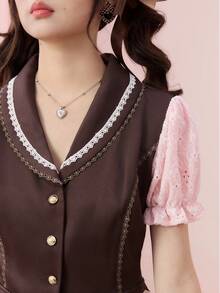 ROMWE Kawaii 女式学院风翻领蕾丝蝴蝶结饰边撞色拼接衬衫 - 彩色 - 查看 2