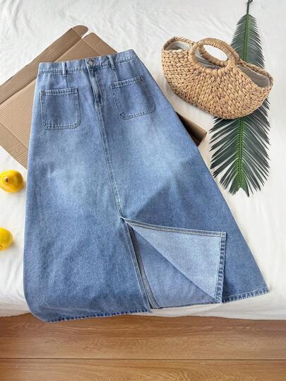 Comfortcana Plus Size Plain Simple Casual Denim Mini Skirt Womens High Waisted Denim Jean A Line Midi Skirt With Pockets And Slit Front Casual Summer Outfit Summer Outfits Spring Clothing Easter Skirt Women  Festival Outfits For Women Beach Outfits For Women Graduation Skirt Casual Skirt For Women Vacation Outfits Women Summer Holiday Outfits Vacation Outfits For Women  Blue Skirt