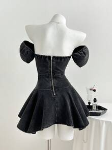 Elamini Women's Off-Shoulder Short Sleeve Ruffle Hem Fashionable Denim Dress - Grey - View 2