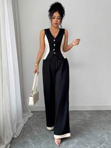 Elenzga Bộ đồ 2 mảnh thanh lịch dành cho nữ: Áo crop top không tay cổ chữ V phối màu tương phản và quần ống đứng, thích hợp cho mùa xuân/hè. - màu đen - Xem 6