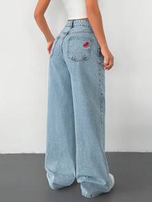 SHEIN Quần jean ống rộng cạp thấp thêu họa tiết - Rửa nhẹ - Xem 4