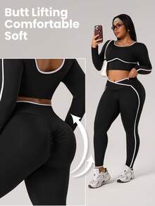 Rhythm Era Plus Size Contrast Trim Round Neck Long Sleeve Top And Pants Sports Suit - Black - View 1