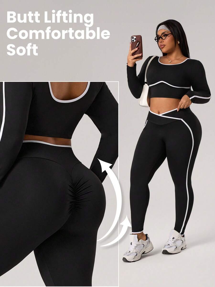 Rhythm Era Plus Size Contrast Trim Round Neck Long Sleeve Top And Pants Sports Suit - Black - View 1