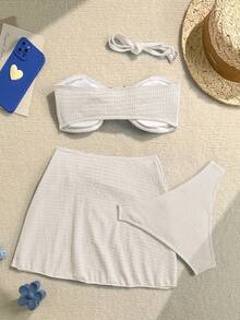 Soleia Ensemble de bikini bandeau texturé avec jupe cache-maillot, décoré d'étoiles de mer métalliques, idéal pour les vacances à la plage des femmes - Beige - Voir 2
