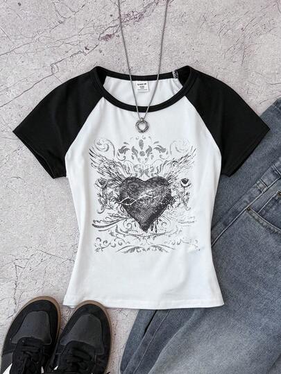 Tween Girls' Casual Daily Black & White Contrast Color Heart Print School Street Chic Minimalist Round Neck Short Sleeve T-Shirt
