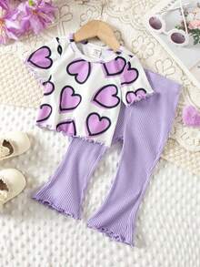 SHEIN Babygirl Vacation Casual Cute Heart Pattern Knit Short Sleeve T-Shirt & Elastic Waist Pants Set - Purple - View 3