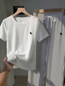 SHEIN EZwear 两件套休闲小马标印花圆领短袖上衣和条纹印花裤 - 彩色 - 查看 4