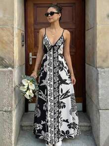 Floral Print Dress, Suitable For Beach, Travel, Outings, And Home Wear For Teenage Girls - Black and White - View 1