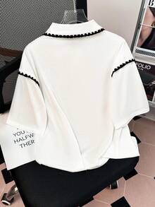 GlowEve Women's Floral Trim Polo Collar Short Sleeve Casual Versatile T-Shirt - White - View 2