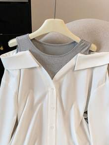 GlowEve 女士落肩长袖单排扣时尚衬衫 - 白色 - 查看 6