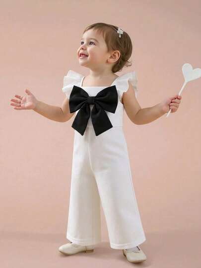 SHEIN Baby Girl Cute Colorblock Bow Decor Flutter Sleeve Romper, Summer