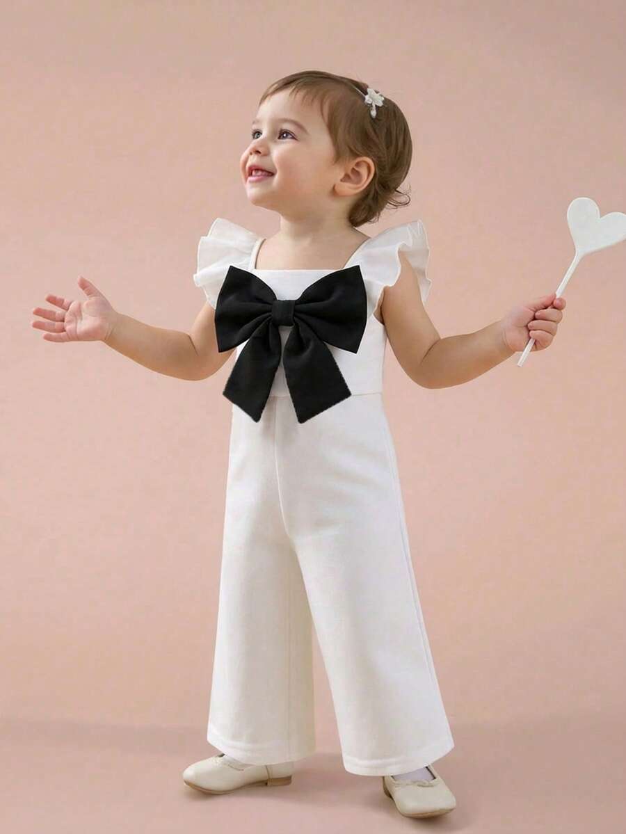 SHEIN Baby Mädchen süßer Farbblock Schleife Dekor Rüschenärmel Romper, Sommer - Weiss - Übersicht 1