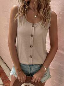 Selamara New Fashion Women Round Neck Button Camisole - Khaki - View 5