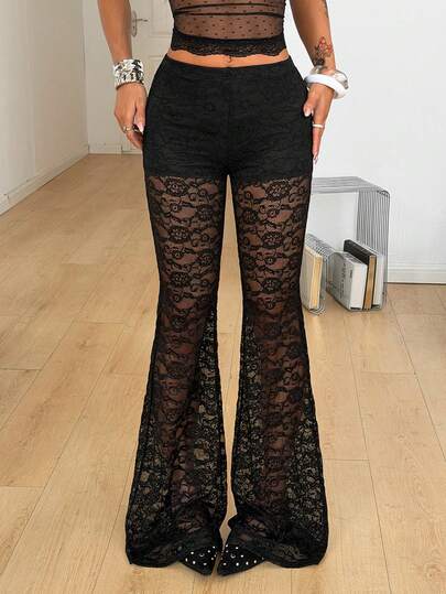 Coolane Women's Spring/Summer Streetwear Going Out Y2K Vacation Outfits Break Outfits Party Lace Stretchy Low Rise Petite Bell Bottoms Black Pants