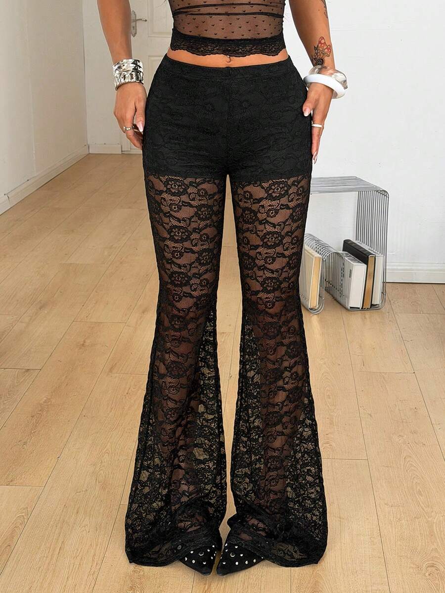 Coolane Women's Spring/Summer Streetwear Going Out Y2K Vacation Outfits Break Outfits Party Lace Stretchy Low Rise Petite Bell Bottoms Black Pants - Black - View 1