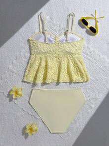 SHEIN 2件套少女时尚针织向日葵纯色比基尼泳衣 - 黃色 - 查看 2