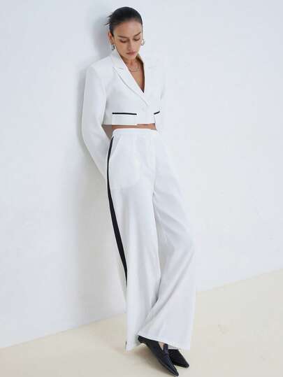 Aveloria Modichic Women's Color-Blocked Daily Commuting Outfit, Stylish And Versatile Patchwork Long-Sleeved Short-Sleeved Suit Jacket With Side Seam Patchwork Suit Pants, Suit Set