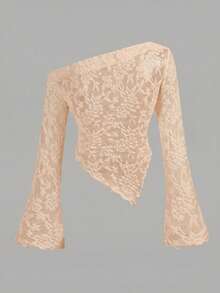 SHEIN Blusa de encaje con hombros descubiertos elegante y casual para niñas preadolescentes - Albaricoque - Ver 2