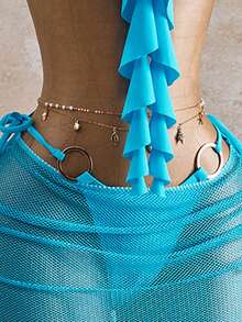 Bellisia Bộ bikini buộc dây cổ kiểu dáng thường ngày dành cho nữ, thích hợp cho kỳ nghỉ biển, kèm phụ kiện kim loại, phối cùng chân váy maxi lưới xuyên thấu, bộ đồ bơi 3 mảnh, mùa xuân/hè/thu. - Màu xanh lam - Xem 5