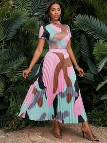 SHEIN Lady Women's Geometric Print Mandarin Collar Short Sleeve Top And Pleated Skirt Casual 2-Piece Set - Multicolor - View 6