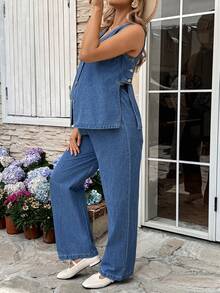 SHEIN 2pcs Maternity Sleeveless Top And Denim Pants Set - Blue - View 7