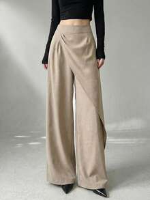 Firerie Women's Elegant Casual Office Commute Pants, Apricot/Khaki Solid Bamboo Texture Fabric, Loose Wide Leg Wrap Skirt Pants, Autumn/Winter New Women's Pants, Apricot Long Pants, Casual Home Long Pants, Elegant Pants, Winter Clothes For Women, Fall Outfits - Apricot - View 1