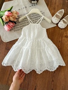 SHEIN One-Piece Cute Baby Girl Casual/Spring/Summer White Embroidery Halter Backless Dress For Teen Girls,White Graduation Dress,Summer Clothes,Sun Dress,Bohemia,Vacation Dress - White - View 1
