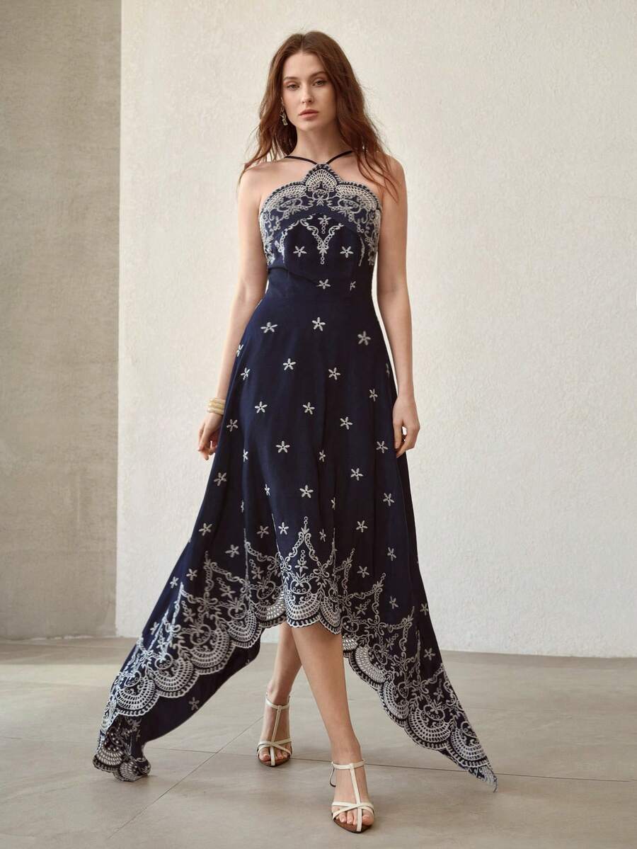 MOTF PREMIUM WOMEN'S NAVY BLUE EMBROIDERED ASYMMETRICAL HEM MIDI DRESS WITH HALTER NECK - Navy Blue - View 2