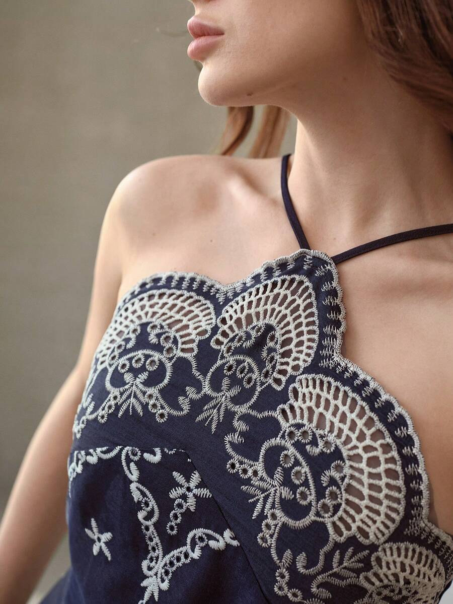 MOTF PREMIUM WOMEN'S NAVY BLUE EMBROIDERED ASYMMETRICAL HEM MIDI DRESS WITH HALTER NECK - Navy Blue - View 1