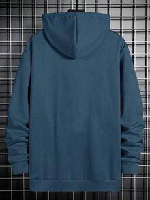 Manfinity Homme Loose Fit Men's Hoodie With English Letter Print, Kangaroo Pocket And Drawstring - Navy Blue - View 2
