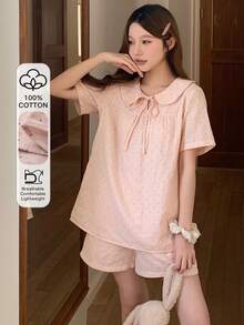 DAZY 女士可爱波点印花系领娃娃衫睡衣套装 - 粉色 - 查看 5