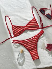 Swim Mod 两件套红色条纹休闲可爱比基尼泳装套装，春夏海滩度假 - 紅色 - 查看 4