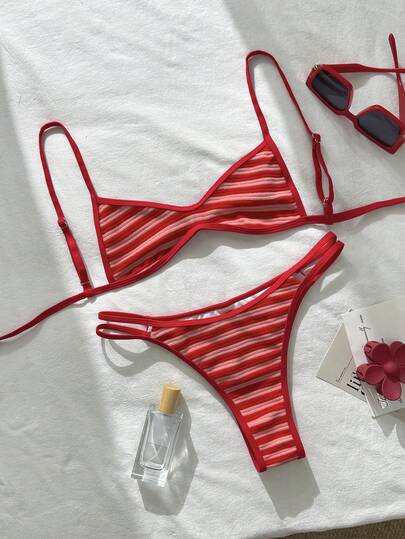 Swim Mod 2 sztuki/zestaw czerwonych pasiastych, swobodnych, uroczych strojów kąpielowych typu bikini, wiosna/lato, wakacje na plaży