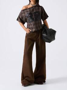 LYSMO 女士数字刺绣格子斜肩短袖时尚衬衫 - 橄欖綠 - 查看 6