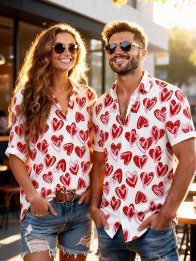 Manfinity Homme Men's Heart Print Single-Breasted Casual Short Sleeve Shirt