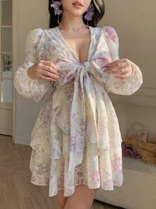 DAZY 法式粉色碎花V领长袖连衣裙，系腰雪纺A字迷你连衣裙，春季波西米亚风吊带裙 - 彩色 - 查看 4