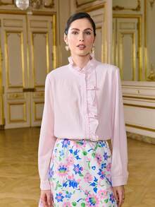 LOTSLUV Women's Pink Mandarin Collar Ruffle Trim Long Sleeve Loose Vintage Textured Blouse - Baby Pink - View 3