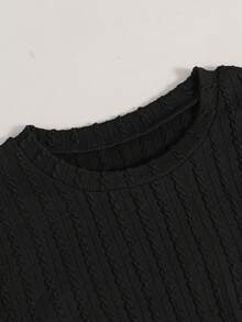 SHEIN 青少年女孩休閒簡約舒適圓領短袖側抓褶短版T恤與長褲套裝 - 黑色 - 查看 9